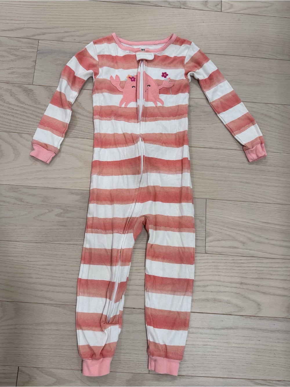 Girls Pink Stripe One-Piece Pajama Romper with Crab Applique 4T
